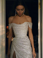 Sparkly Ivory Mermaid Off Shoulder High Slit Cheap Long Classy Prom Dress