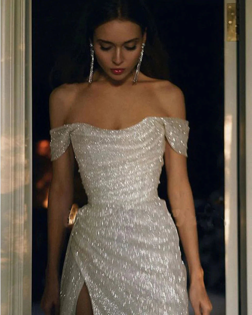 Sparkly Ivory Mermaid Off Shoulder High Slit Cheap Long Classy Prom Dress Online Secondary image