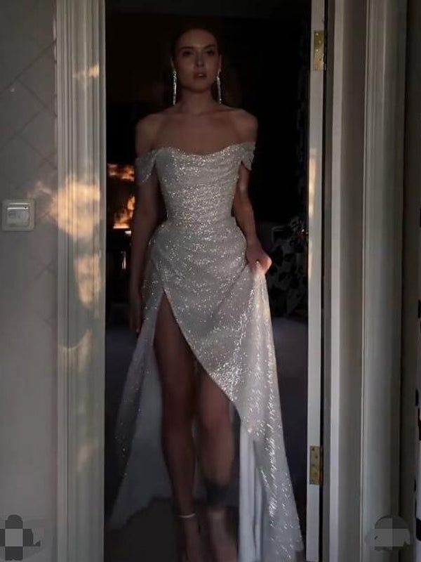 Sparkly Ivory Mermaid Off Shoulder High Slit Cheap Long Classy Prom Dress Online