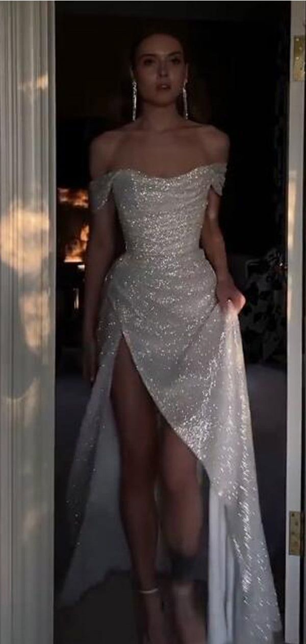 Sparkly Ivory Mermaid Off Shoulder High Slit Cheap Long Classy Prom Dress