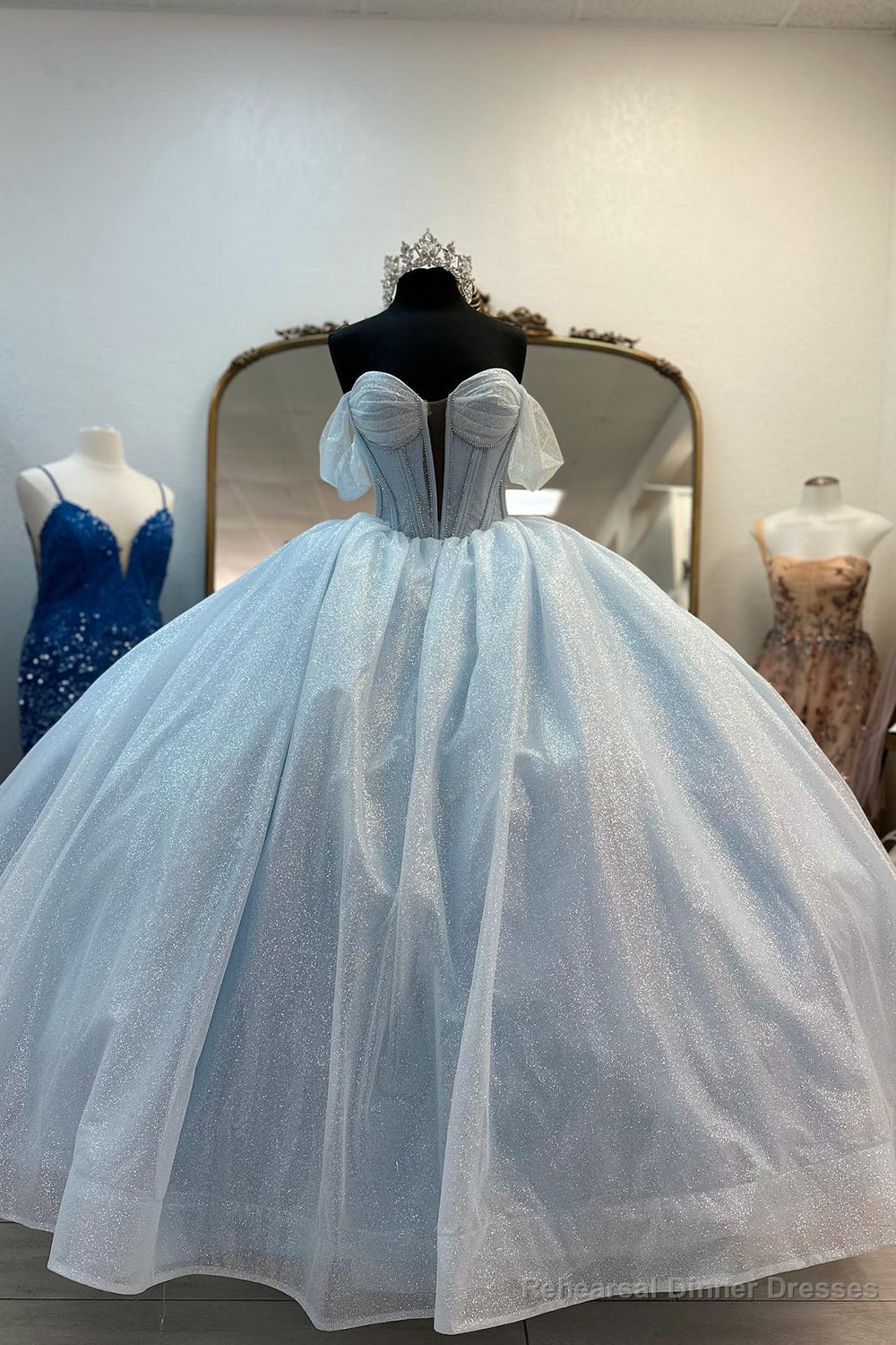 Light Blue Prom Dress Off the Shoulder Tulle Long Corset Evening Dress with Bow Main image
