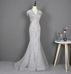 Sparkly Light Grey Mermaid V-Neck Beaded Tulle Train Classy Prom Dress