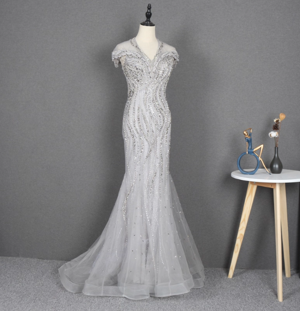 Sparkly Light Grey Mermaid V-Neck Beaded Tulle Train Classy Prom Dress