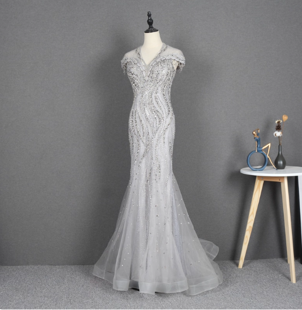 Sparkly Light Grey Mermaid V-Neck Beaded Tulle Train Classy Prom Dress
