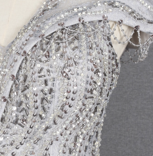 Sparkly Light Grey Mermaid V-Neck Beaded Tulle Train Classy Prom Dress