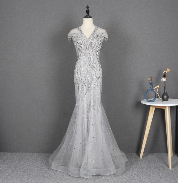 Sparkly Light Grey Mermaid V-Neck Beaded Tulle Train Classy Prom Dress Main image
