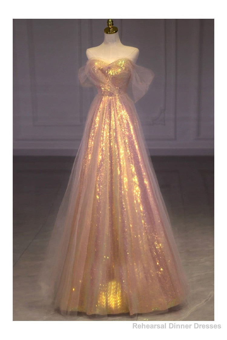 Sparkly Long Pink Off Shoulder Bling Prom Dress Main image