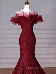 Sparkly Mermaid Burgundy Sequin Long Evening Prom Dress Party Dress