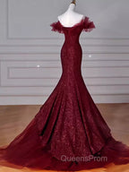 Sparkly Mermaid Burgundy Sequin Long Evening Prom Dress Party Dress