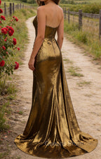 Sparkly Mermaid Golden Long Prom Dress with Slit