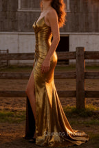 Sparkly Mermaid Golden Long Prom Dress with Slit