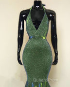 Sparkly Mermaid Halter Ruffles Evening Prom Dress