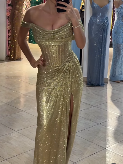 Sparkly Mermaid Off The Shoulder Blue Sequin Long Slit Classy Evening Party Gowns Classy Evening Dress Special Classy Dress Classy Prom Dress