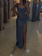 Sparkly Mermaid Off The Shoulder Blue Sequin Long Slit Classy Evening Party Gowns Classy Evening Dress Special Classy Dress Classy Prom Dress