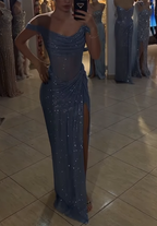 Sparkly Mermaid Off The Shoulder Blue Sequin Long Slit Classy Evening Party Gowns Classy Evening Dress Special Classy Dress Classy Prom Dress