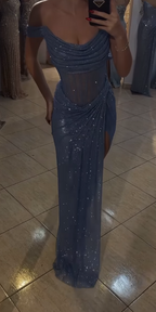 Sparkly Mermaid Off The Shoulder Blue Sequin Long Slit Classy Evening Party Gowns Classy Evening Dress Special Classy Dress Classy Prom Dress