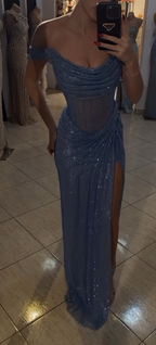 Sparkly Mermaid Off The Shoulder Blue Sequin Long Slit Classy Evening Party Gowns Classy Evening Dress Special Classy Dress Classy Prom Dress