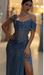 Sparkly Mermaid Off The Shoulder Blue Sequin Long Slit Classy Evening Party Gowns Classy Evening Dress Special Classy Dress Classy Prom Dress
