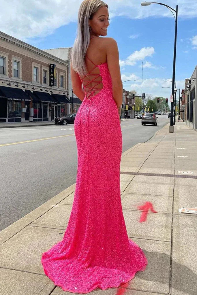 Sparkly Mermaid Sequined Sleeveless Long Classy Prom Dress With Slit, Long Classy Gown