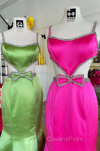 Mermaid Evening Prom Dress Spaghetti Straps Long Evening Dress with Bow