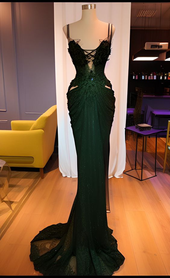 Sparkly Mermaid Spaghetti Straps Sleeveless Sequin Dark Green Prom Dresses Long Lace Prom Dress