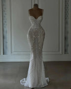 Sparkly Mermaid Spaghetti Straps White Sequin Beaded Wedding Dress Long Bridal Gown Wedding Dress