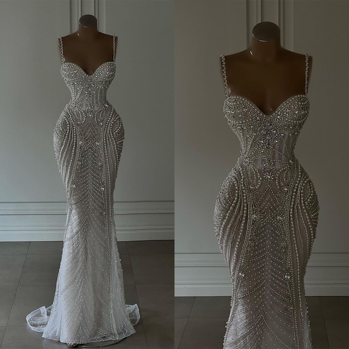 Sparkly Mermaid Spaghetti Straps White Sequin Beaded Wedding Dress Long Bridal Gown Wedding Dress