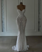 Sparkly Mermaid Spaghetti Straps White Sequin Beaded Wedding Dress Long Bridal Gown Wedding Dress