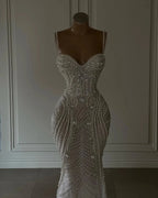 Sparkly Mermaid Spaghetti Straps White Sequin Beaded Wedding Dress Long Bridal Gown Wedding Dress