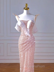 Sparkly Mermaid Straps Pink Tulle Pearls Long Evening Prom Dress