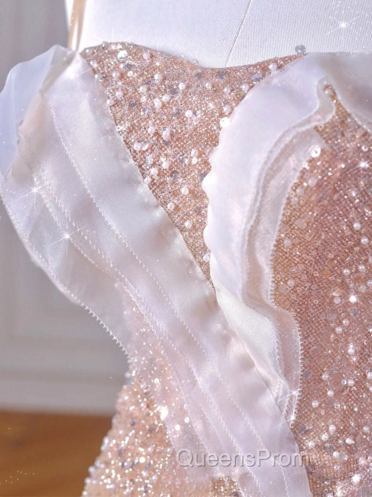 Sparkly Mermaid Straps Pink Tulle Pearls Long Evening Prom Dress