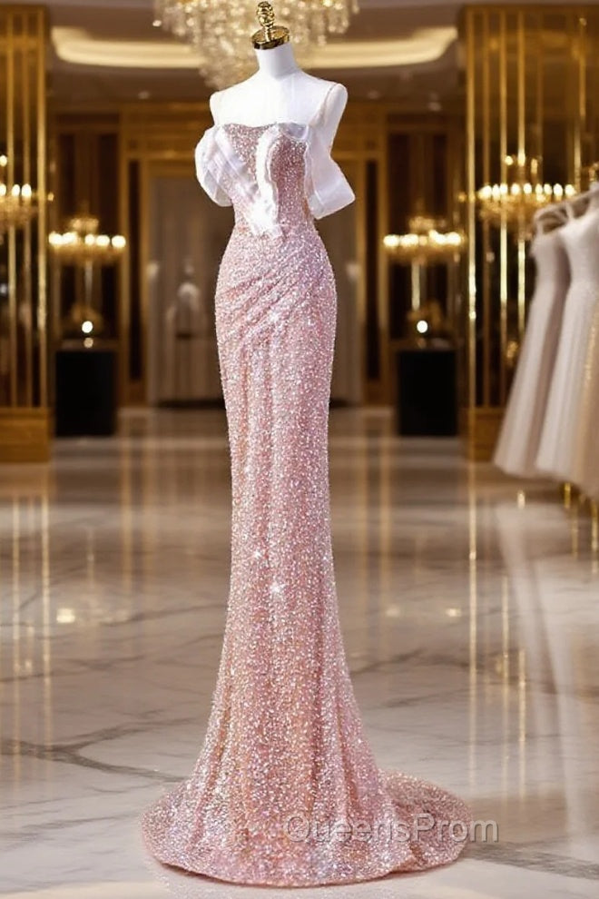 Sparkly Mermaid Straps Pink Tulle Pearls Long Evening Prom Dress