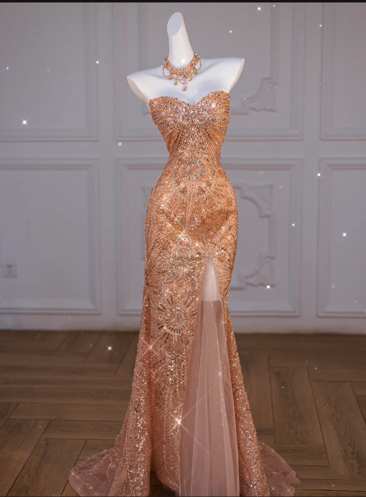 Sparkly Mermaid Sweetheart Sequin Long Slit Gold Classy Evening Dress Classy Prom Dress With Beads Secondary image