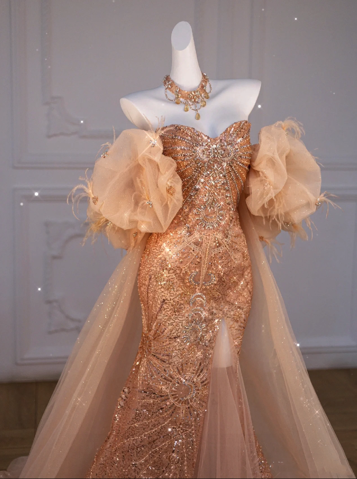 Sparkly Mermaid Sweetheart Sequin Long Slit Gold Classy Evening Dress Classy Prom Dress With Beads