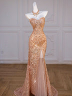 Sparkly Mermaid Sweetheart Sequin Long Slit Gold Classy Evening Dress Classy Prom Dress With Beads