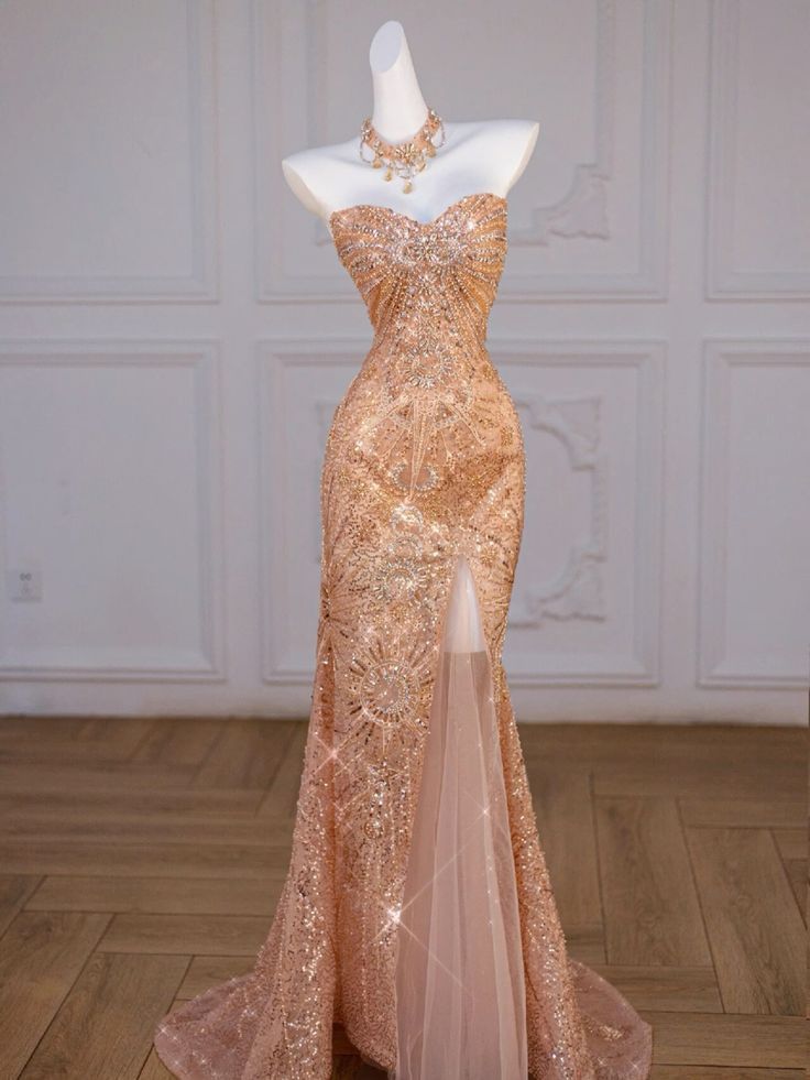 Sparkly Mermaid Sweetheart Sequin Long Slit Gold Classy Evening Dress Classy Prom Dress With Beads