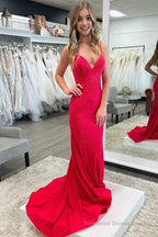 Sparkly Mermaid V Neck Beaded Satin Long Prom Dress