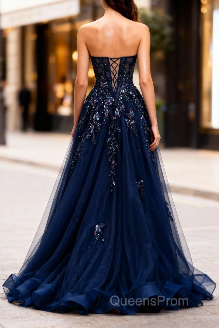 Sparkly Navy Blue Corset Sweetheart Long Evening Prom Dress with Appliques Secondary image