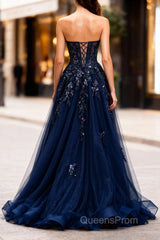 Sparkly Navy Blue Corset Sweetheart Long Evening Prom Dress with Appliques