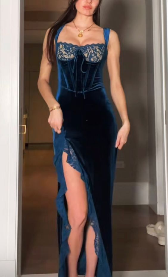 Sexy Slit Velvet Lace Long Classy Prom Dress Classy Evening Dress