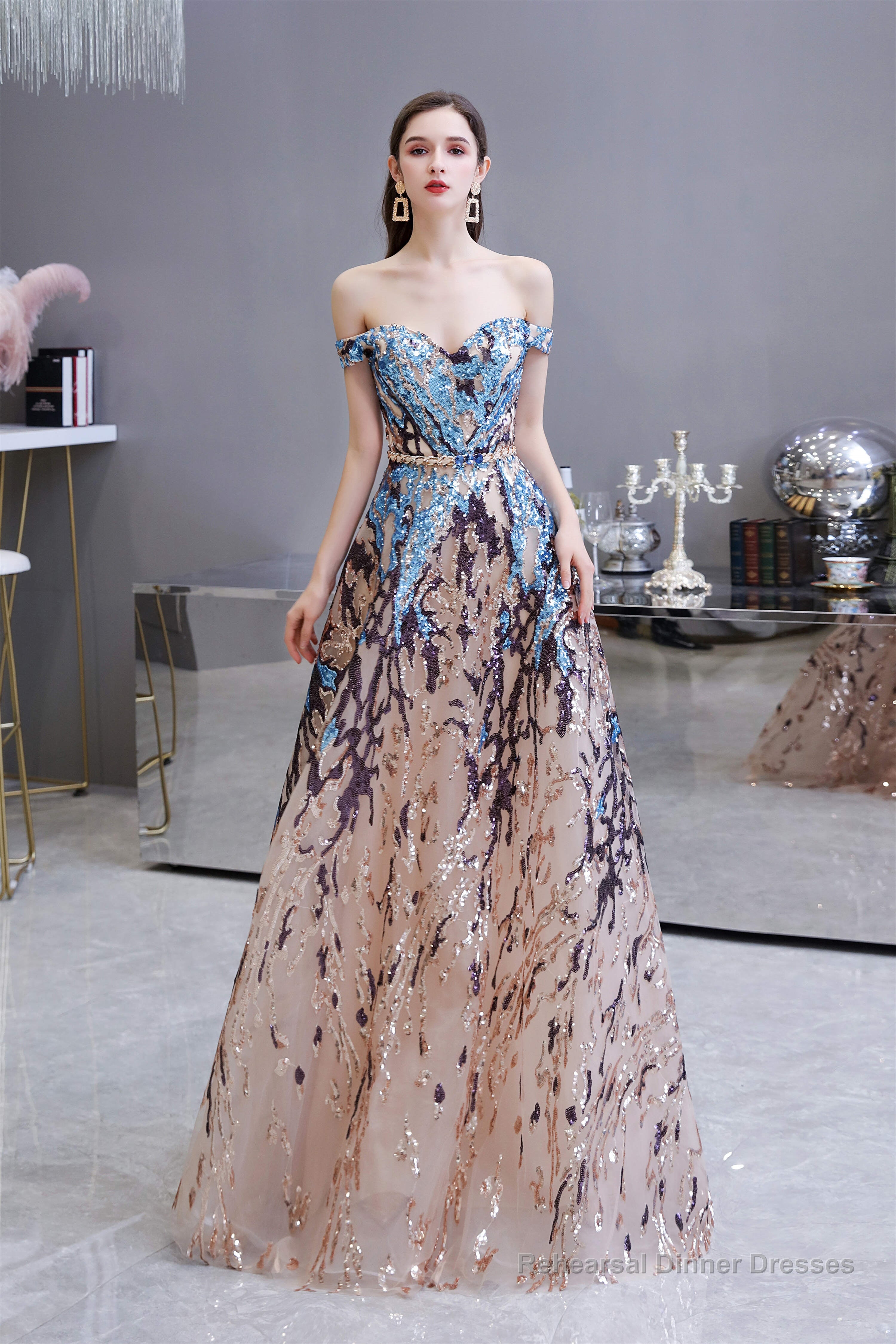 Sparkly Off-the-Shoulder Sequins A line Prom Dresses Floor Length Main image