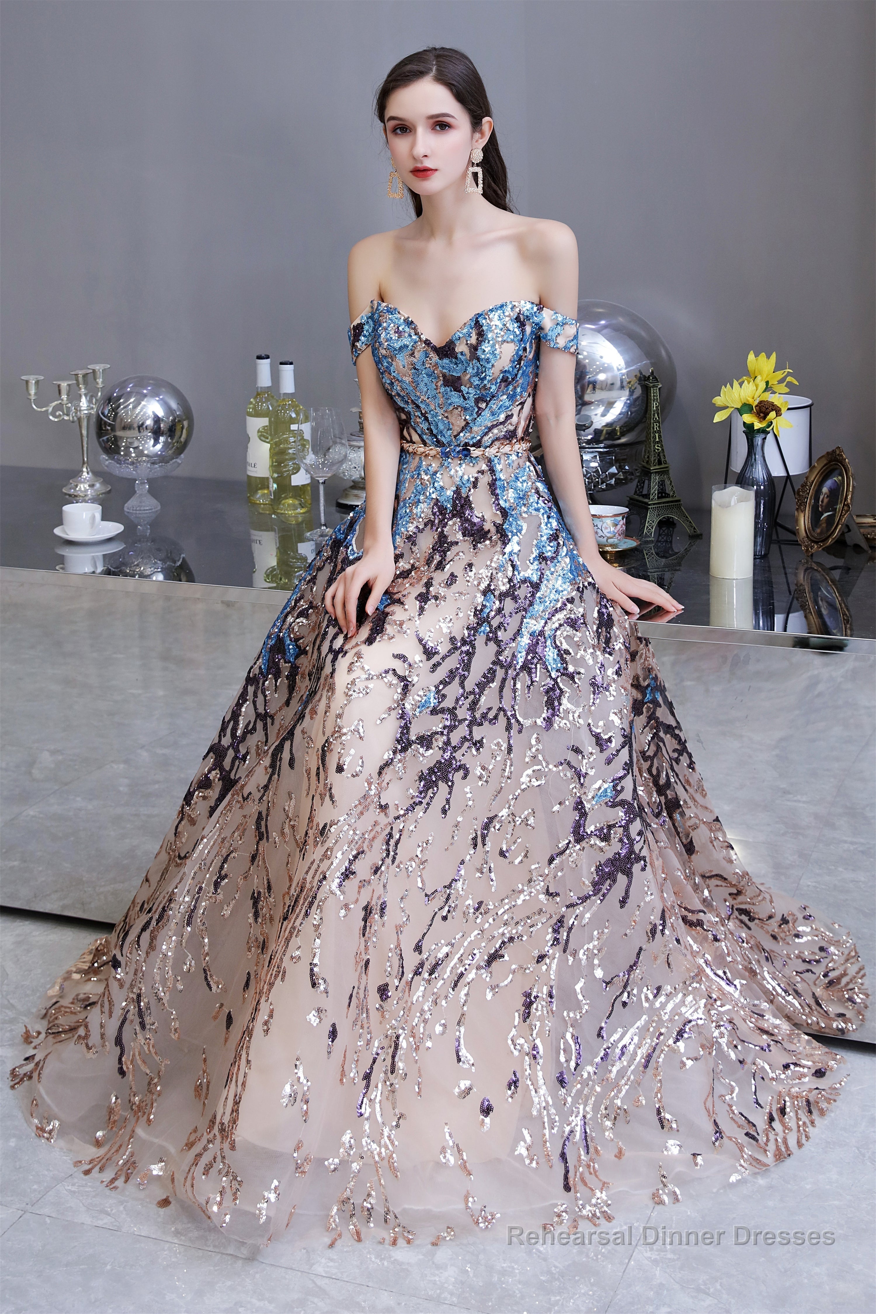 Sparkly Off-the-Shoulder Sequins A line Prom Dresses Floor Length
