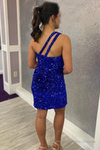 Sparkly One Shoulder Backless Sequins Royal Blue Homecoming Dress
