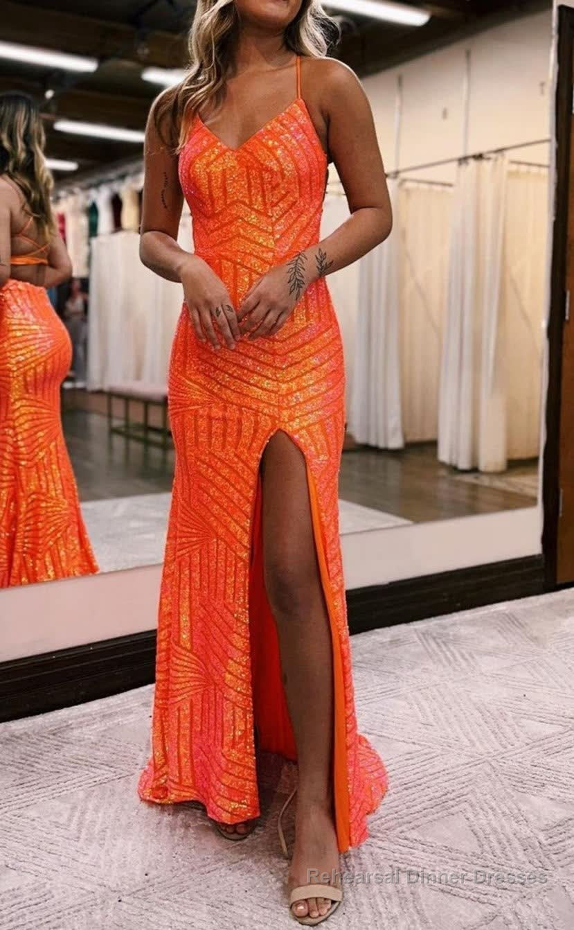 Sparkly Orange Open Back Sequins Long Prom Dress with Slit Formal Evening Dresses Main image