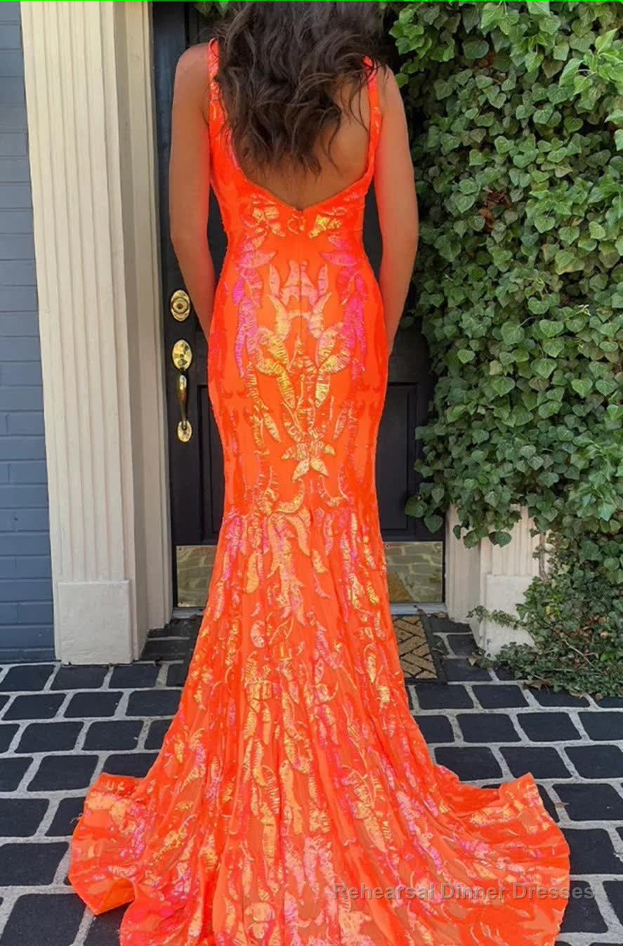 Sparkly Orange Sequin V-Neck Mermaid Long Prom Dress Secondary image