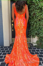 Sparkly Orange Sequin V-Neck Mermaid Long Prom Dress