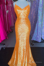 Sparkly Orange Sequins Mermaid Long Prom Dress