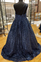 Sparkly Pink One Shoulder A Line Sequins Prom Dress