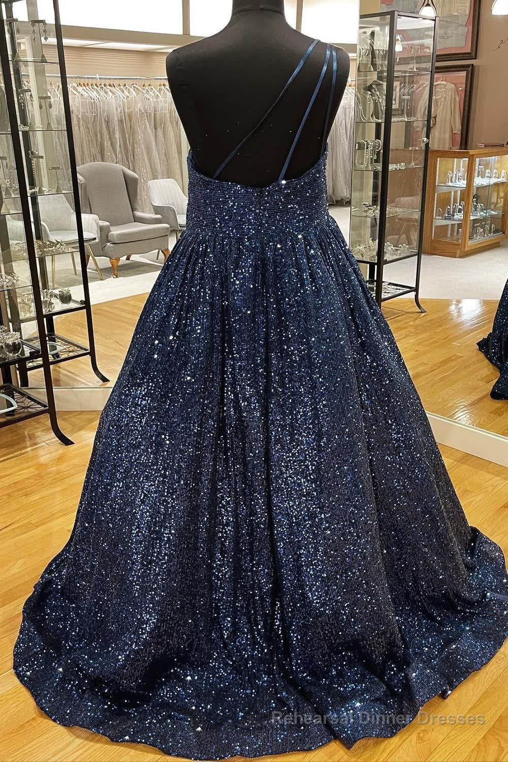Sparkly Pink One Shoulder A Line Sequins Prom Dress