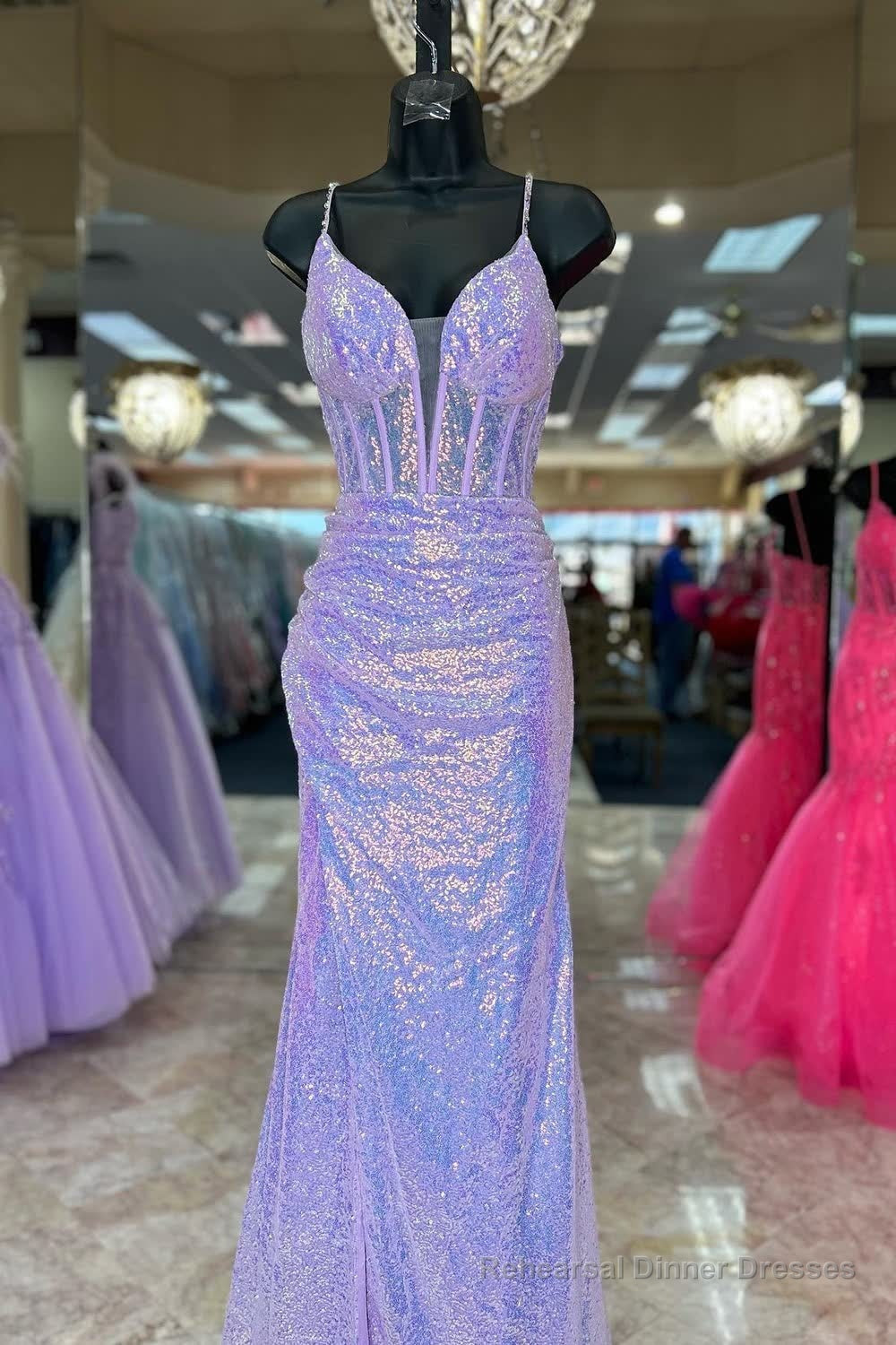 Sparkly Pink Sequin Long Mermaid Corset Prom Dress